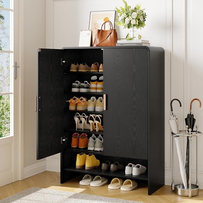 ONBRILL 6-Tier Shoe Storage Cabinet, 45'' Large Farmhouse Shoe Cabinet for Entryway, Modern Wooden Shoe Organizer Cabinets with Doors and Shelves, for Front Door Hallway (Black)
