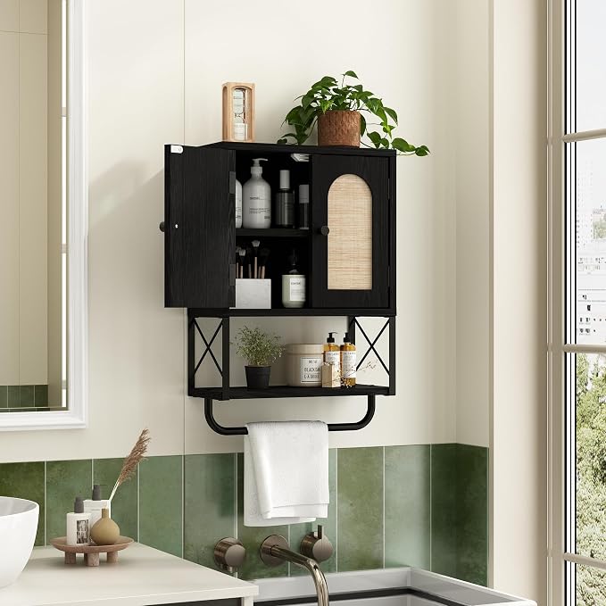 RUSTOWN Rattan Bathroom Wall Cabinet, Boho Over The Toilet Storage Cabinet | Arched Rattan Doors, Modern Medicine Cabinet, Adjustable Shelves, Towel Bar, Black