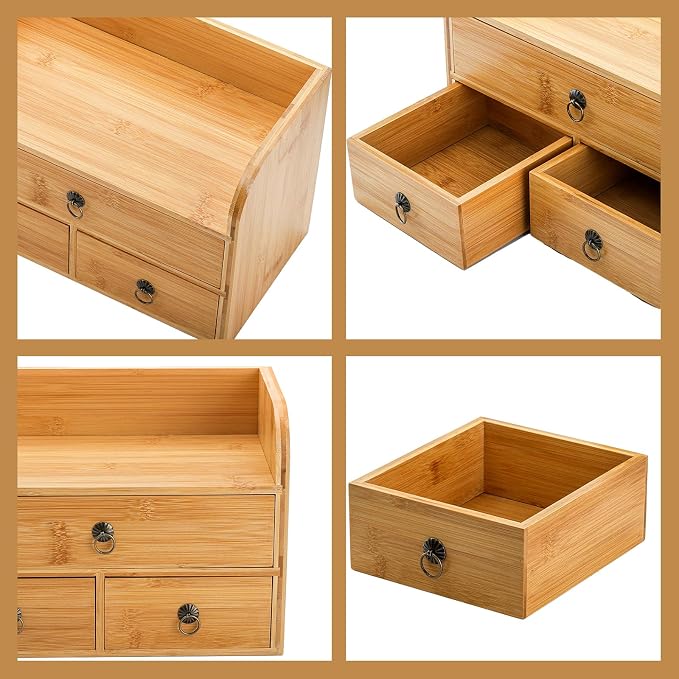 Nicunom Bamboo Desk Organizer, 3-Tier Bamboo Tabletop Storage Organization Multifunctional Desktop Organizer with Drawers for Home Office Toiletries Supplies Vanity