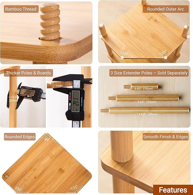 3-Tier Expandable Bamboo Corner Shelf - Dish/Plate Organizer for Cabinet, Kitchen Counter Shelf & Small Kitchen Shelf, Adjustable (Natural, 1-Pc 11.4" H)