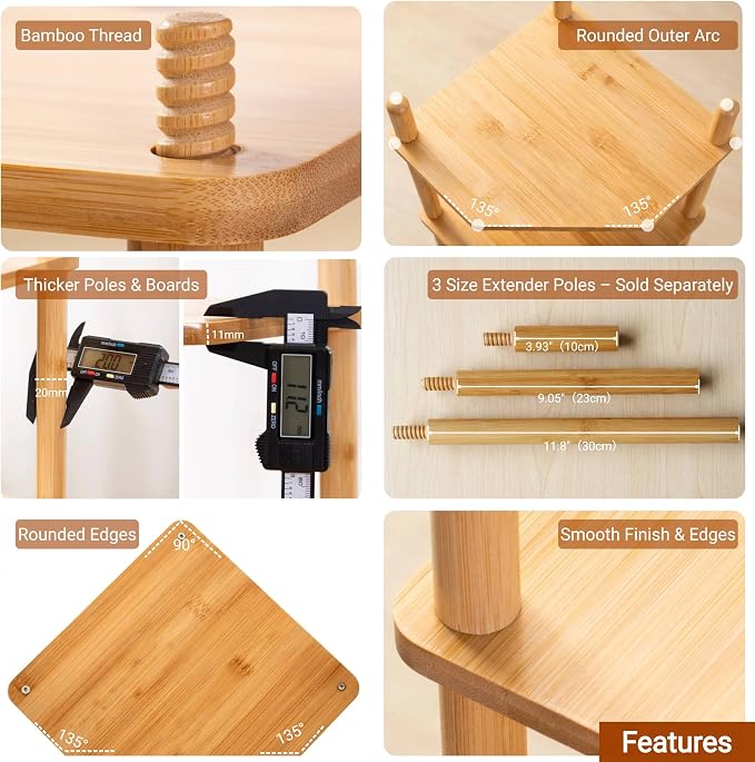 4-Tier Expandable Bamboo Corner Shelf - Dish/Plate Organizer for Cabinet, Kitchen Counter Shelf & Small Kitchen Shelf, Adjustable (Natural, 1-Pc 4-Tier)