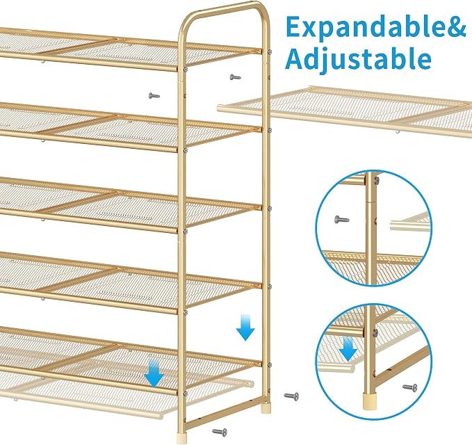 Simple Trending 5-Tier Stackable Shoe Rack, Expandable & Adjustable Shoe Shelf Storage Organizer, Metal Mesh, Gold