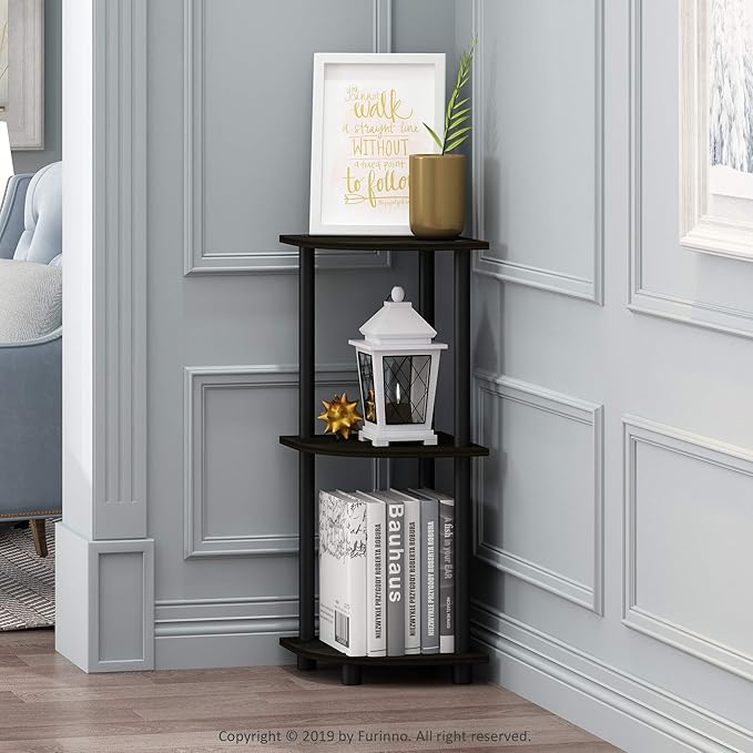 Furinno Turn-N-Tube Toolless Assembly 3-Tier Corner Shelf, Corner Book Shelf, Open Shelves Bookshelf, for Organization and Storage, Living Room, Home Office, Bedroom, Black Espresso