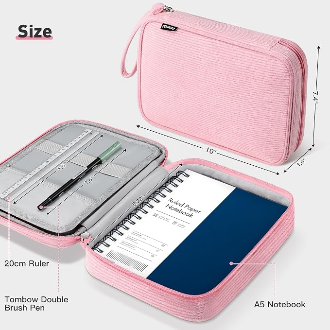 Zannaki Large Capacity Pencil Pouch Organizer | Soft Corduroy Pencil Box for Girls Boys Teens | Cute Big Pen Bag with Multiple Zipper Pockets - Pencil Case Storage for Art Supplies & Stationery-Pink