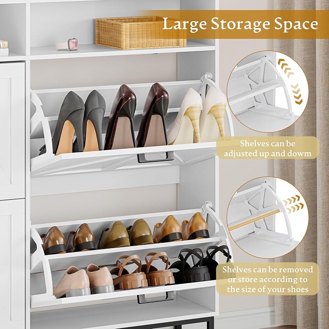 Wodeer Shoe Cabinet Storage for Entryway, Shoe Storage Cabinet with 4 Flip Drawers, Freestanding Narrow Shoe Rack Organizer with Metal Legs, Adjustable Shelves & Open Storage for Foyer, Hallway, White