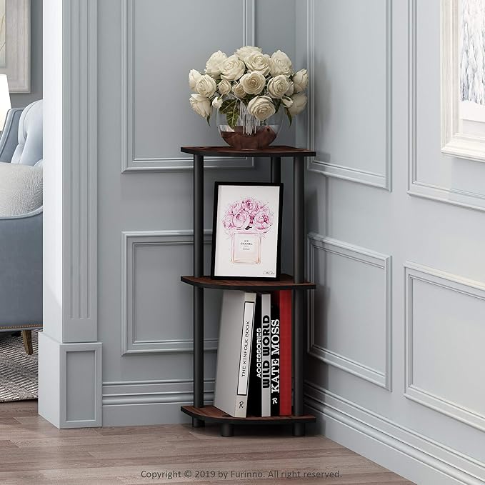 Furinno TURN-N-TUBE Corner Shelf, 3-Tier Corner Bookshelf, Display Storage Shelves with Open Shelves, for Organization and Storage, Living Room, Home Office, Garage, Dark Cherry