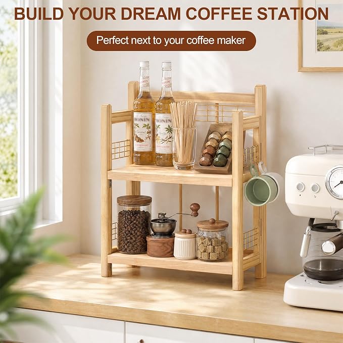 No-Assembly Coffee Bar Organizer, 2-Tier Coffee Station Shelf | Foldable Oak Wood Shelf, Coffee Station Accessories Storage for Syrup & Pod, 3 Hooks for Mugs, Kitchen Condiment Rack Natural