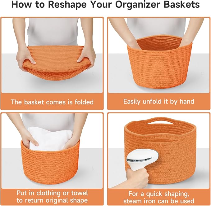 Small Rope Baskets for Storage, Baskets for Gifts Empty, Cute Round Woven Basket, Decorative Shelf Baskets 9.82×9.82×7.1", Cotton Toy Basket Storage Bins for Organizer 3 Packs-Orange