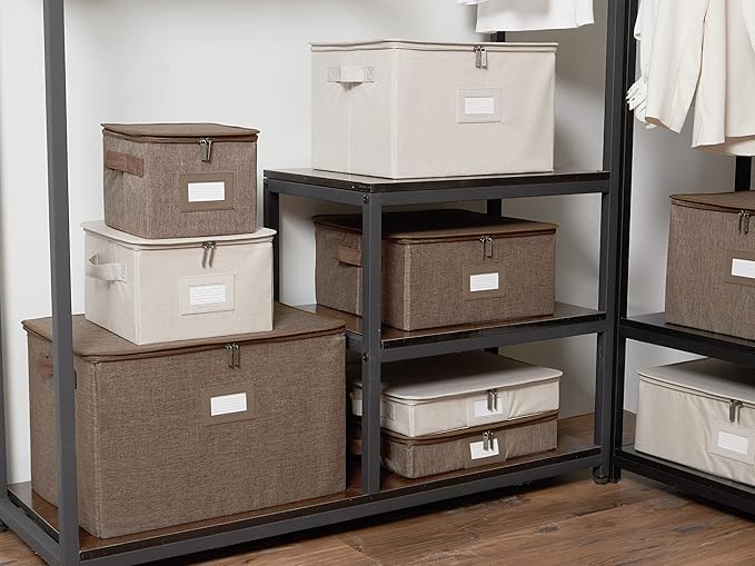 Covermates Keepsakes Zip-Top Storage Box Set, 3 Pack Heavy Duty Polyester Organizer Bins, Stackable Design, ID Window, Reinforced Handles, Closet Home Storage, Beige Heather