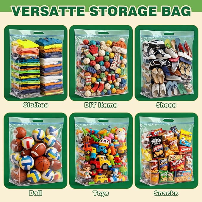 10 PACK 25 Gallon Extra Large Storage Bags, 35.5"x 24"x 7" Resealable Clear Zipper Bags with Handle, Heavy Duty Big Bag for Clothes Pillow Travel Moving, Expandable Bottom, 8 Mil Thick