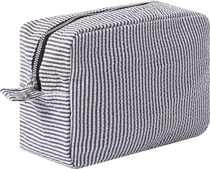 Large Capacity Striped Pencil Case Cosmetic Bag with Zipper Portable Stationery Organizer Pouch for School Students Teens Travel Toiletry Bag (Black)