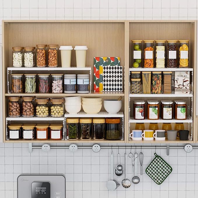 Stackable Expandable Metal Shelf Organizer - Adjustable Wire Storage Rack with Holes for Kitchen, Bathroom, Cabinet, Office - Space Saving, Durable & Sturdy Design（2PACKS/Medium/White