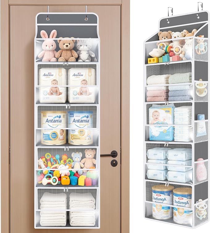 Univivi Over the Door Organizer for Baby Essential, 5-shelf, Light Gray | Fabric Baby Door Organizer, Large Compartments and Mesh Side Pockets, Storage for Baby Nursery, Laundry, Bedroom and Bathroom