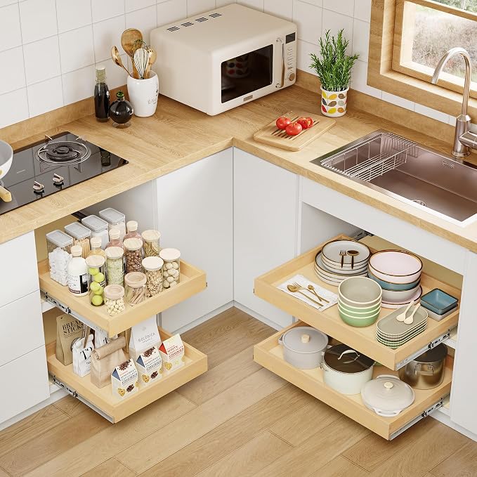 Pull Out Cabinet Organizer, 14" W x 21" D | Soft Close Pull Out Drawers for Cabinets with Heavy Duty Slides, Wood Slide Out Drawers for Kitchen Cabinets
