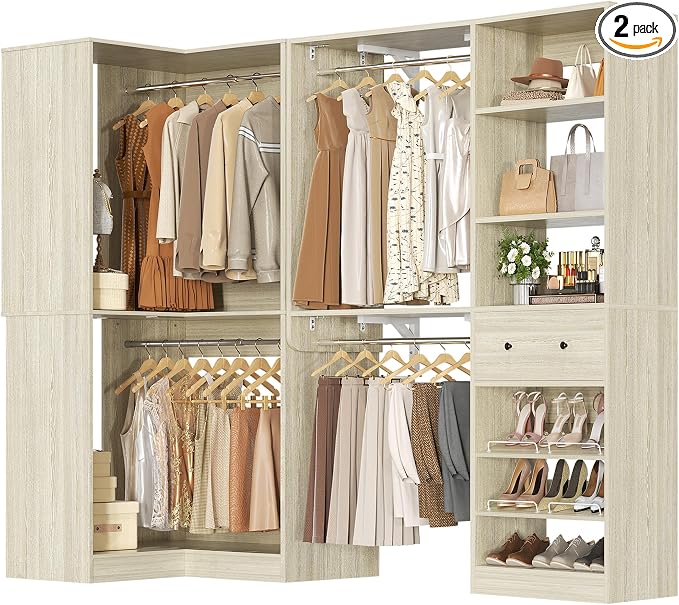 Armocity Closet System Set of 2 - Corner Closet Organizer System with Drawer/9 Shelves/4 Hanging Rods, 91.3" L-Shaped Walk-In Wardrobe Organizer, 1800+ lbs Capacity, White Oak