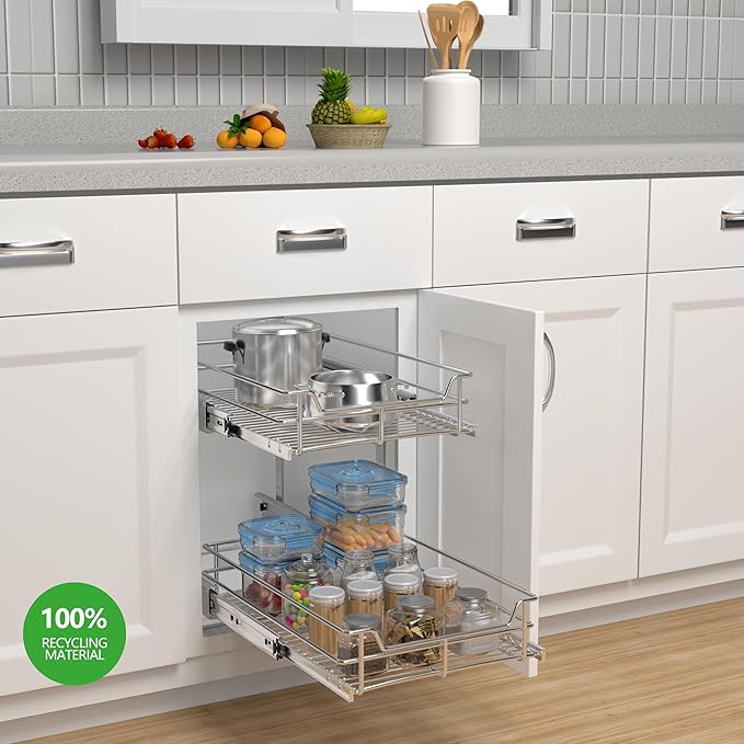 JOWBOOW 2 Tier Pull Out Cabinet Organizer (11" W x 22" D), Roll Out Shelves and Drawer for Kitchen Pantry Storage Basket, Heavy-Duty Metal Sliding Shelf