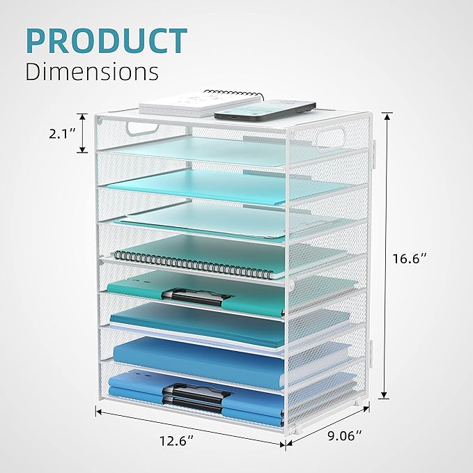 DALTACK 9-Tier Paper Organizer for Desk, Mesh Letter Tray Desk Organizer with Handles, Space-Saving File Organizer for Office Home School, White 2 Pack