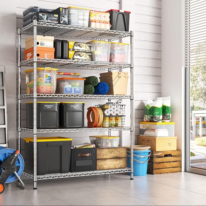 REIBII 73''H Storage Shelves 1660LBS Wire Shelving Unit with Wheels 5 Tier Metal Shelving,Heavy Duty Metal Shelves for Storage Rack,Commercial Industrial for Garage Kitchen 73''HX35''WX15''D,Chrome