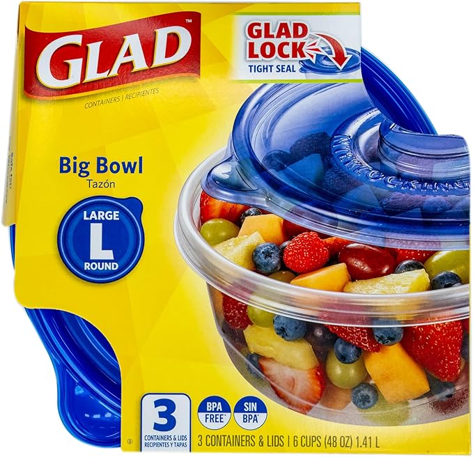 Glad GladWare Big Bowl Food Storage Containers with Lids, Large Round BPA Free Plastic Containers for Soups, Salads, and Meal Prep, Lock Tight Seal, Microwave Dishwasher Safe, 48 Oz, 3 Count