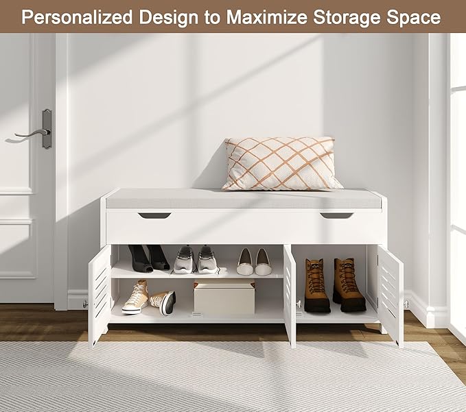 ChooChoo Shoe Storage Bench with Lift Top Storage & Cushioned Seats | 41.3" Entryway Bench with 3 Compartments & Adjustable Shelf, for Entryway, White
