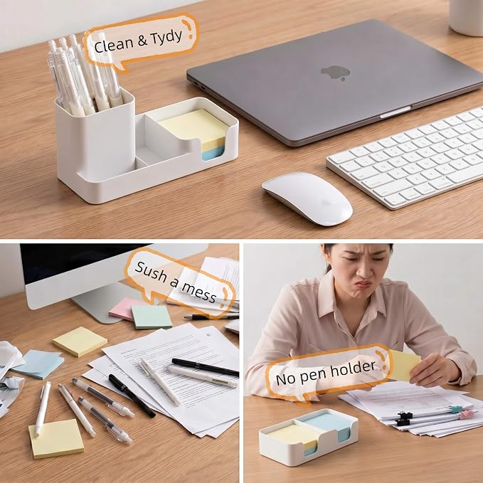 Pen Holder Desk Organizer White HIPS Plastic Sticky Note Storage | HIPS plastic desk organizer. 3-in-1: pen holder, sticky note storage, center tray. Compact 10-inch design. Easy clean. White.