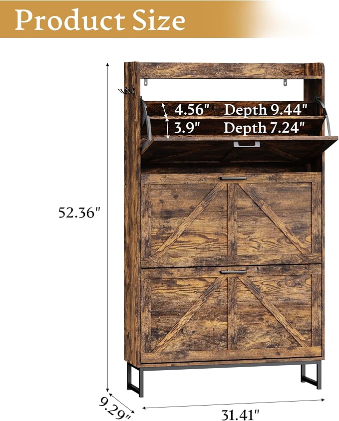 Wodeer Shoe Cabinet Storage for Entryway, Shoe Storage Cabinet with 3 Flip Drawers, Freestanding Narrow Shoe Rack Organizer with Metal Legs & Side Hook for Foyer, Hallway, Brown