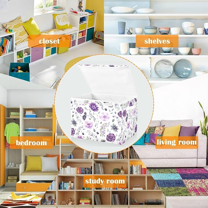 CaTaKu Large Fabric Storage Bins With Lids, Watercolor Purple Floral Storage Boxes With Handles for Organizing Clothes, Collapsible Storage Cube Bins Baskets for Shelves