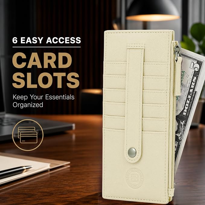 Leatherboss Genuine Leather Women's All in One Credit Business Card Case Holder Slim Zipper Wallet With a Card Protection Strap, Cream
