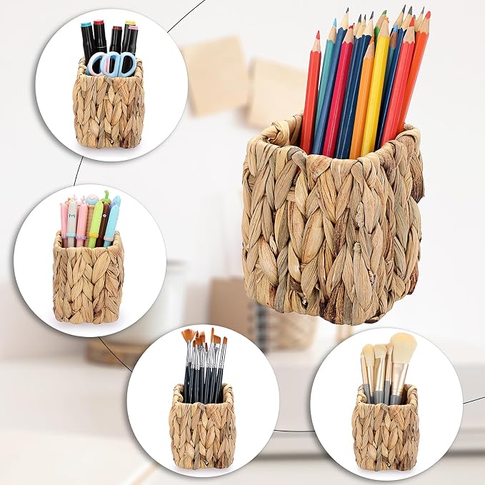 BTSKY 3 Pack Water Hyacinth Pencil Holder, Handmade Wicker Pen Cup Makeup Brushes Holder, Pen Pencil Cup Organizer Chic Woven Desktop Accessories Pens Container Box for Office Home Desktop, Square