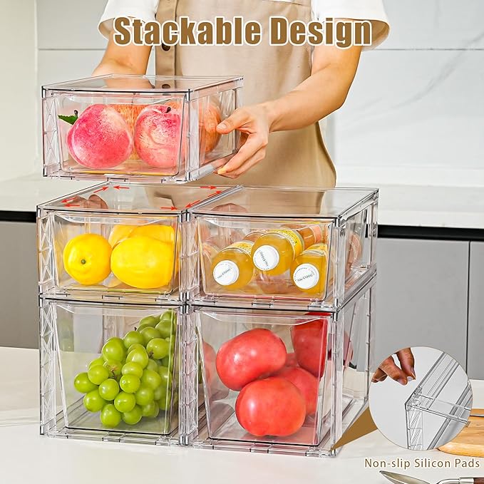Clemate 8Pack Stackable Kitchen Storage Organizer, Pantry Organizers and Storage, Clear Foods Organizer Bins with Handles, Easily Assemble for Bathroom, Kitchen, Pantry, Cabinet, Closet