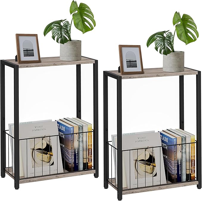 Homleke Narrow Side Tables Set of 2 with Magazine Holder, Skinny End Tables | Space-Saving Design, Small Spaces, Storage Shelf, Metal Frame, Easy Assembly, 7.1" D x 16.9" W x 23.6" H, Greige
