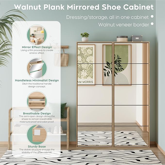 Yechen Mirror Shoe Cabinet with 5 Flip Drawers, Shoe Rack Storage Organizer, Entryway Shoe Cabinet for Front Door, Hallway (1 Piece, Mirror Silver)