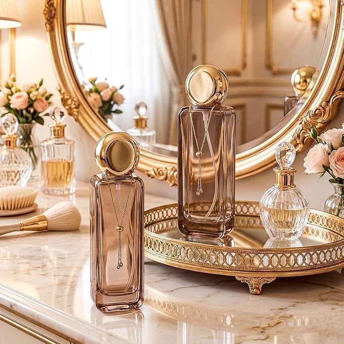 4 Pcs 4oz Luxury Glass Bottles with Pump Glass Toner Bottle with Gold Chain Perfume Spray Bottle Travel Lotion Vial with 2 Plastic Pump Head 2 Spray Head for Cosmetic Toner(Brown)
