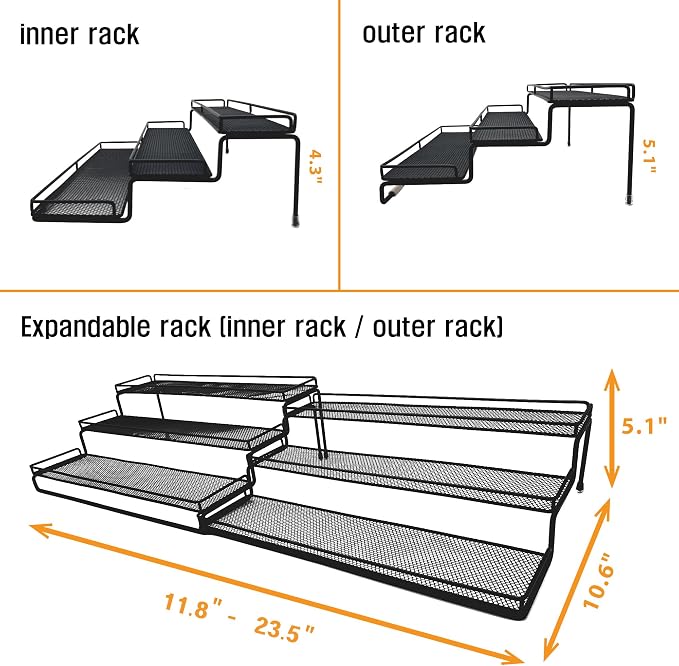 3 Tier Wide Expandable Cabinet Spice Rack Organizer (14.5" to 29.1") - Step Shelf with Protection Railing, Black,Copper (Comfort & Wide)