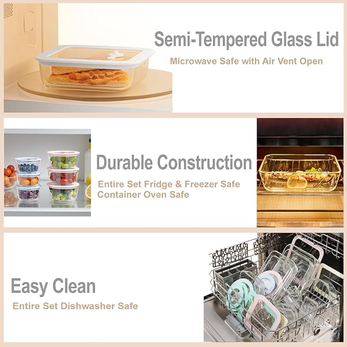 Urban Green Glass Food Container Set with Glass Lid, 5 Pack, Meal Prep Containers with Silicone Framed Airtight Lid, Leakproof, 100% Plastic Free