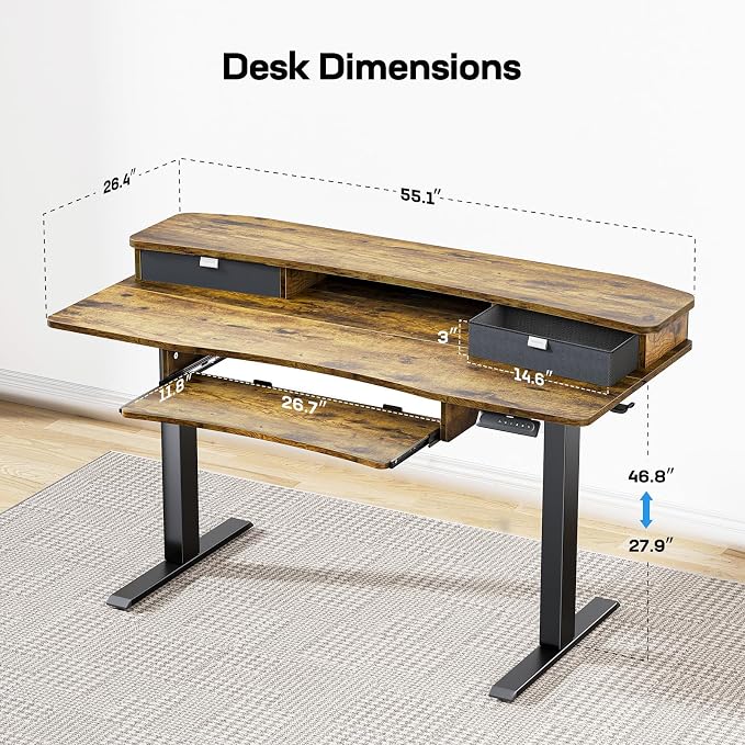 HUANUO 55" x 26" Electric Standing Desk with 2 Drawers & 26.7" Large Keyboard Tray, C-Clamp Mount Compatible, Adjustable Computer Desk for Home Office, Stand Up Desk with 4 Height Presets, Vintage