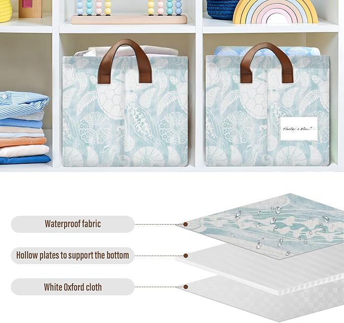 Light Blue Marine Life Turtle Coastal Storage Basket Foldable Cube Storage Bins with Handles&Label Collapsible Organizer Box Bin Large Rectangle Decor Baskets for Shelves Home Living Room Closet, 2 PC