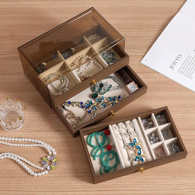 CLUQMEIK 3 Layer Acrylic Case Wooden Drawer Jewelry Organizer with Velvet Lining, Jewelry Box for Women and Girls to Store Rings Earrings Bracelets Necklaces(B)