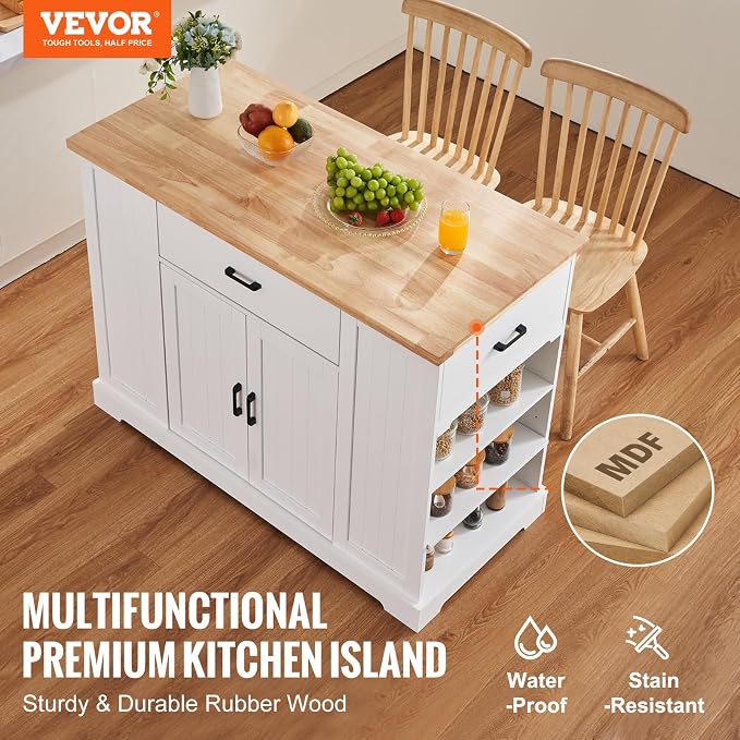 VEVOR 46" Wood Top Breakfast Bar with Storage Cabinet, Farmhouse Kitchen Table with Adjustable Shelf, Drawer, for Dining Kitchen Living Room, White