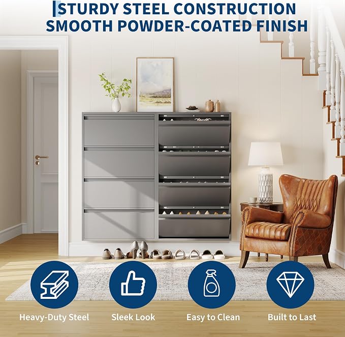 Garvee Slim Metal Shoe Cabinet with 4 Flip Drawers, Narrow Shoe Storage for Entryway, Wall Mounted or Floor Standing, Detachable Bottom Corners for Flexible Placement, Anti-Tip Safety Wall Mount