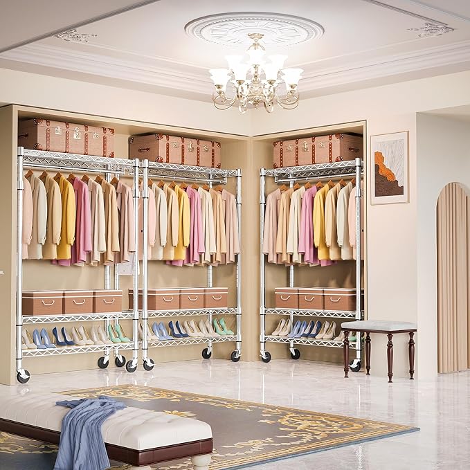M MZG Heavy Duty Rolling Garment Rack 3 Tiers Adjustable Wire Shelving Clothes Rack with Rods and Side Hooks,Storage Closet Clothing Rack with Wheels Chrome 17.7" D x 47.2" W x 83.6" H