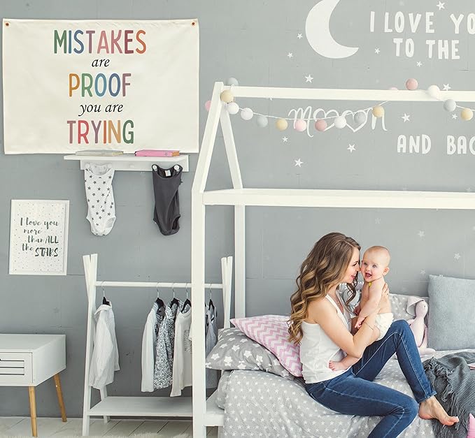 Classroom Wall Flag Decor-Teacher Gift-Inspirational Back to School Wall Banner Decor-Mistakes Are Proof You Are Trying-Hanging Rectangular Canvas Banner for Classroom Teacher Office Reading Corner