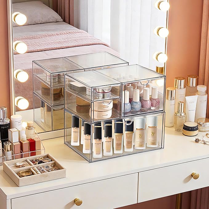 Prsildan Acrylic Drawer Makeup Organizer with 4 Drawers, Set of 2 Office Desk Organizers Accessories, Clear Stackable Storage Drawers for Vanity, Countertop, Craft, Jewelry, Art Supply Organization