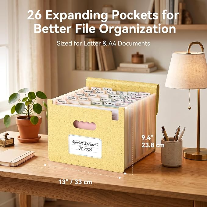 ThinkTex Accordion File Organizer, 26 Pockets File Folders, Dusty Butter | Monthly Bill Receipt Documents Organizer, A-Z Colorful Tabs, Letter/A4 Size for Classroom Office Organization Home Hospital