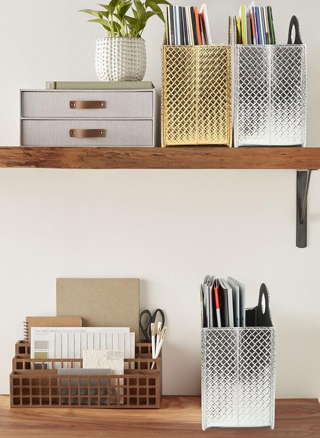 HofferRuffer Magazine Basket Holder, Foldable Magazine Rack, Document File Holder Organizer, File Folder, Newspaper Storage Bin Organizer for Home or Office (Gold)