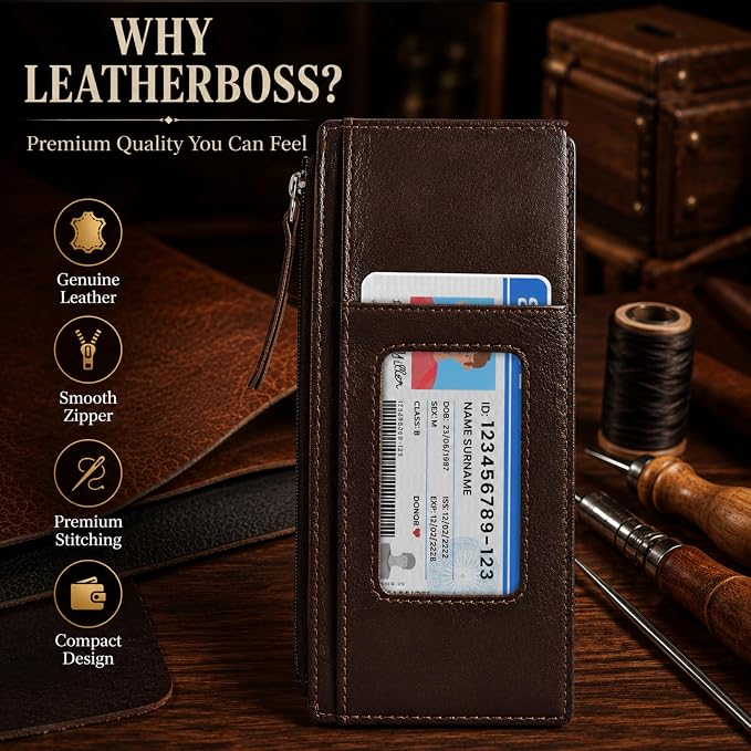 Leatherboss Genuine Leather Women's All in One Credit Business Card Case Holder Slim Zipper Wallet With a Card Protection Strap, Brown