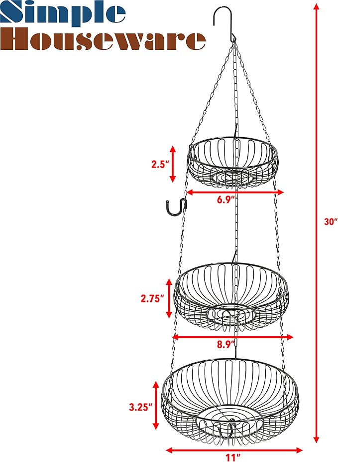 Simple Houseware Adjustable Metal Hanging Fruit Basket, Oblate, Black, 11" W x 11" L x 30" H | 11" W x 11" L x 30" H
