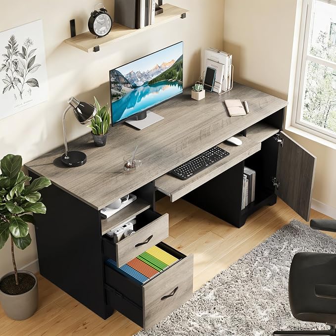 59" Executive Desk with 2 Drawers, File Cabinet & Keyboard Tray, Gray | 59 Inch Executive Desk With 2 Drawers & File Cabinet. Industrial Wood Workspace Keeps Your Home Office Organized