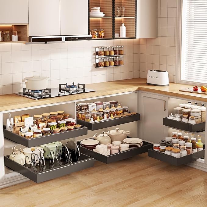 Seinloes 4 Pack Pull out Cabinet Organizer 21"Deep with Raising Pad for Framed Cabinets, Expandable Slide out Drawers for Kitchen Cabinets with 4pcs Divider Racks, Roll out Shelves 12.1"-20.4" W Black