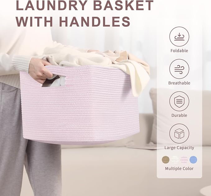 60L Woven Laundry Basket Hamper with Handles, Pink | 21"x15"x11", collapsible wicker hamper, storage for dirty clothes, toys, blankets, gifts, living room, bedroom, bathroom